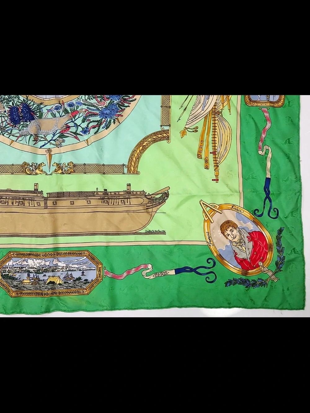 Hermes Green and Light Green Silk Scarf with Multicolor Motif